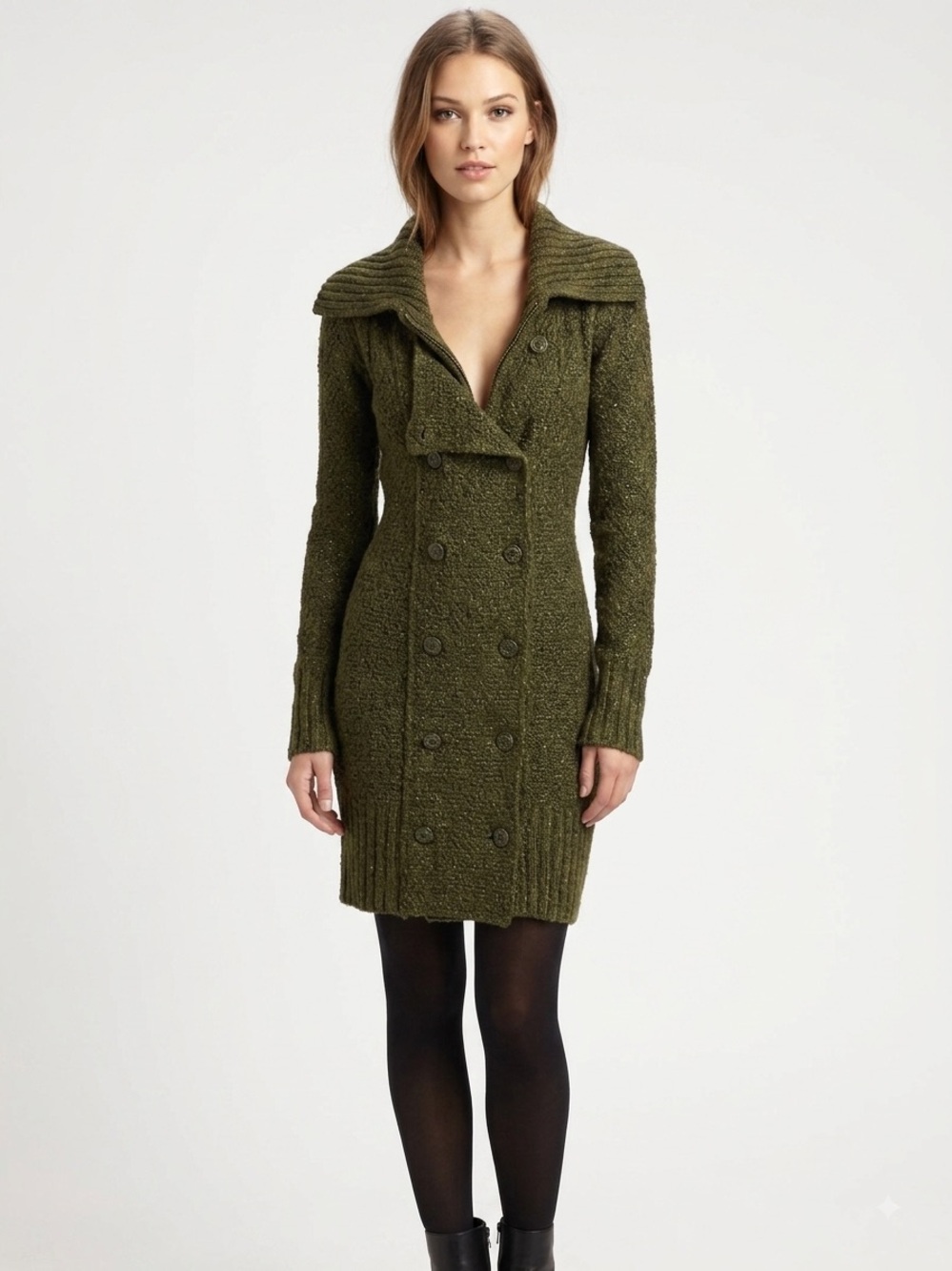 Romeo & Juliet Couture Olive Green Double-Breasted Knit Coat Dress